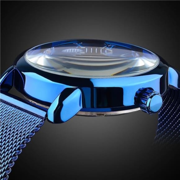 Men's Skeleton Watch Steampunk Watch Mechanical Watch for Men Minimalist, Blue - Picture 5 of 7